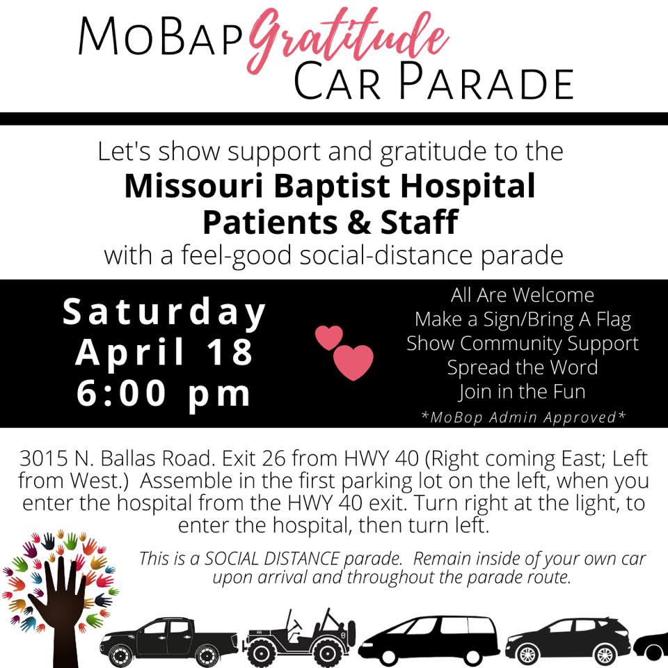 EVENTO: Desfile de Autos para los empleados del Hospital Missouri Baptist en el Condado de St.Louis el Sábado 18 de Abril, 2020. 1