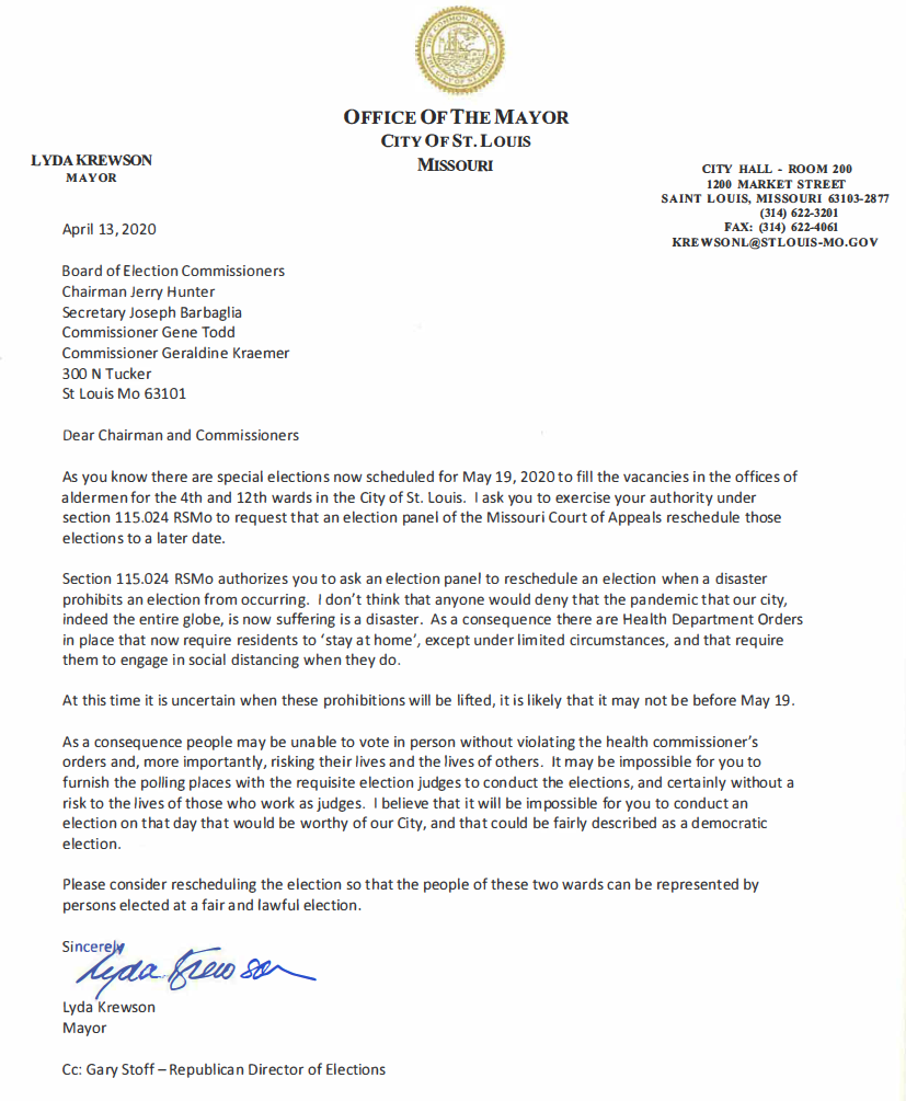 Alcaldesa Krewson pide posponer elecciones municipales programados para Mayo