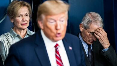 Drs. Deborah Birx and Anthony Fauci listen to President Donald Trump during a Coronavirus Task Force briefing. (Jabin Botsford / The Washington Post via Getty Images)