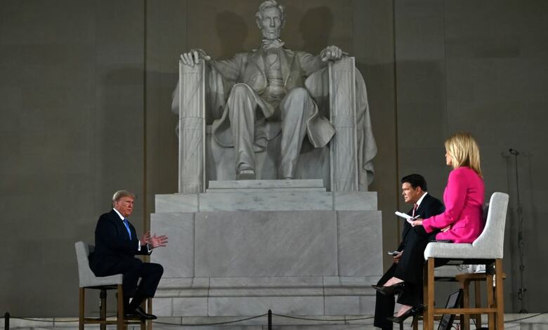 El encuentro comunitario del presidente Donald Trump fue de manera virtual en el monumento a Abraham Lincoln, en Washington D.C., el domingo 3 de mayo de 2020.