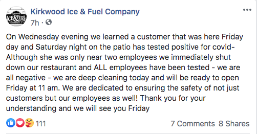 Restaurante Ice & Fuel de Kirkwood reporta que cliente con COVID visitó el negocio durante el fin de semana. 1