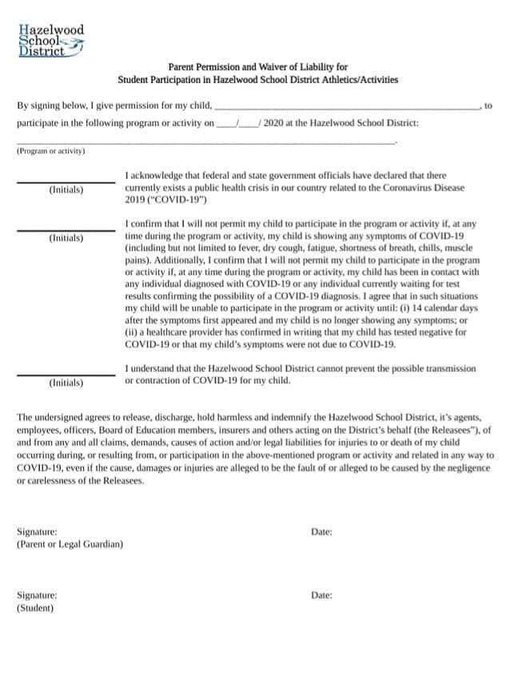 Distrito Escolar de Hazelwood aclara nota de renuncia de indemnización por COVID-19 1