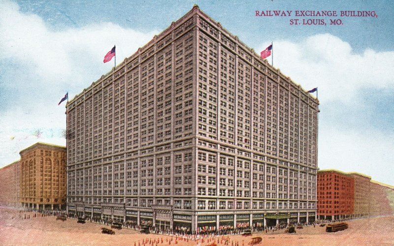 Railway Exchange Building en St. Louis, MO - postal histórica del edificio céntrico de la ciudad de St. Louis que en su día albergaba residencias, oficinas y tiendas de moda.