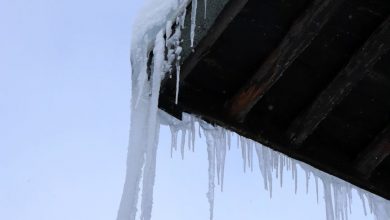 icicles hanging from roof on a winter day
